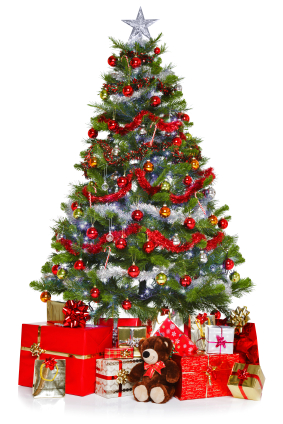 Christmas tree and presents isolated on white